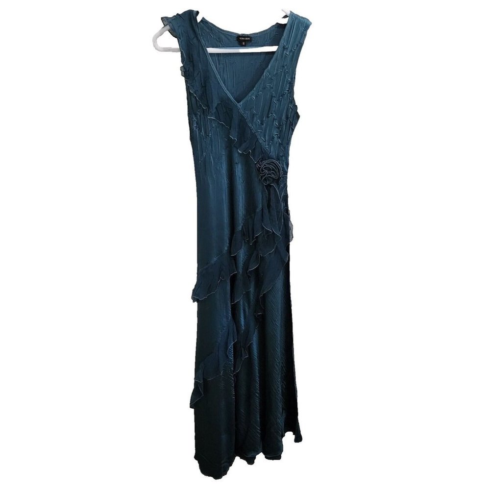 KOMAROV Women's Sleeveless V Neck Crinkle Cascading Ruffle Long Dress Blue Sz S